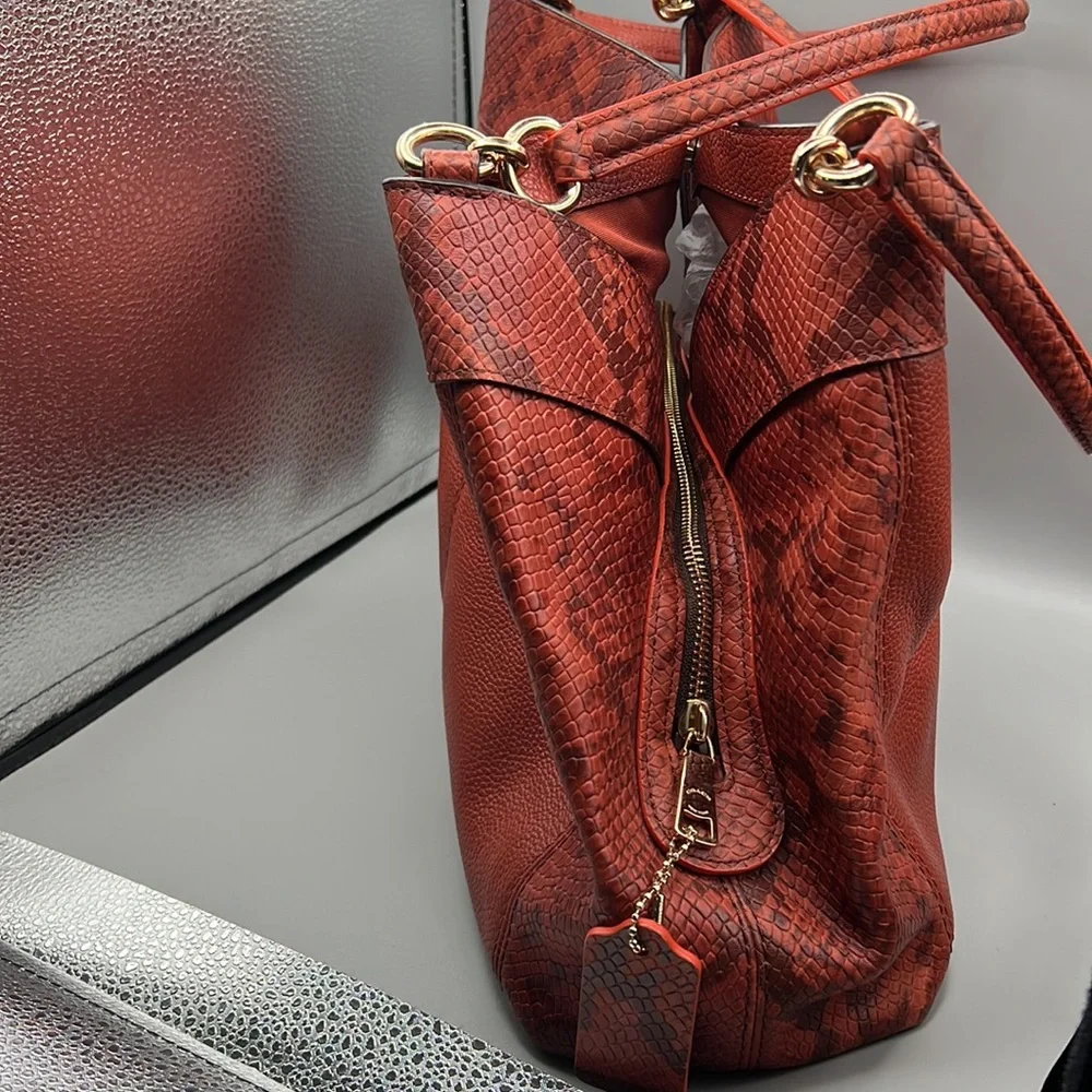 Coach Lexy Orange/Cognac Pebbled Leather Python Embossed Trim Gold Tone Hardware - Picture 7 of 15